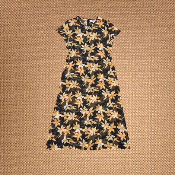 Vintage 90s Miss Black Orange Floral Sheer Short Sleeve Fairy Goth Maxidress - Picture 1 of 8